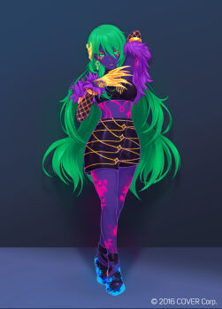 1girl arm_up armpits blonde_hair breasts claws colored_inner_hair cosplay crop_top evelynn_(league_of_legends) evelynn_(league_of_legends)_(cosplay) full_body fur_trim glowing_clothes green_eyes green_hair hololive hololive_indonesia k/da_(league_of_legends) k/da_evelynn large_breasts long_hair looking_at_viewer moona_hoshinova motor_vehicle multicolored_hair re_(re_09) shoes skirt solo standing tattoo two-tone_hair ultraviolet_light virtual_youtuber