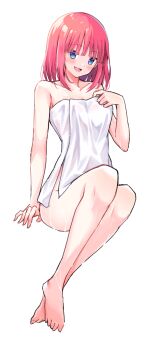 1girl :d absurdres bare_arms bare_legs bare_shoulders barefoot blue_eyes blunt_bangs blush breasts cleavage collarbone full_body go-toubun_no_hanayome highres invisible_chair looking_at_viewer medium_breasts nakano_nino naked_towel open_mouth pink_hair profnote short_hair simple_background sitting smile solo towel white_background