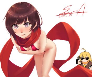 bikini black_gloves black_hair blazer covering_privates covering_breasts embarrassed fingerless_gloves gloves gradient_hair grey_eyes highres jacket multicolored_hair red_hair red_scarf ruby_rose rwby sawasa scarf short_hair shy siblings sisters strapless sunglasses swimsuit thumbs_up tube_top two-tone_hair yang_xiao_long