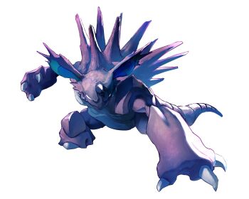 claws commentary_request fangs full_body gen_1_pokemon highres horns jako_(boke_poke) legs_apart nidoking nintendo no_humans pokemon pokemon_(creature) pokemon_focus simple_background single_horn solo spikes white_background