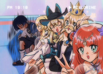 1990s_(style) 1boy 4girls :3 animal_hat aqua_dress aqua_hat aqua_skirt bent_over black_bodysuit black_bridal_gauntlets black_dress black_eyes black_hair black_hat black_leggings black_sandals black_shorts blonde_hair blue_cape blue_eyes blue_sleeves blue_trim blunt_bangs blunt_ends blunt_tresses blush bodysuit bow bridal_gauntlets brooch brown_hair brown_thighhighs cape cat_hat cavalier_hat cilorine circlet closed_eyes closed_mouth collar colored_tips crossed_arms crossed_bangs crown detached_collar double-parted_bangs dress drill_hair drill_sidelocks eyelashes fake_facial_hair fake_mustache fake_screenshot flower frilled_skirt frills garter_belt genshin_impact gold_circlet gold_ring hair_between_eyes hair_bun hair_flower hair_ornament halterneck hand_on_own_arm hat heart heart_hair_ornament japanese_clothes jewelry kimono kirara_(genshin_impact) kirara_(phantom_in_boots)_(genshin_impact) laurel_crown layered_sleeves leg_warmers leggings lens_flare long_sleeves looking_at_another looking_at_viewer looking_down lumine_(genshin_impact) middle_ring motion_lines multicolored_hair multiple_girls navia_(genshin_impact) nilou_(breeze_of_sabaa)_(genshin_impact) nilou_(genshin_impact) open_mouth purple_flower red_hair retro_artstyle sandals scaramouche_(genshin_impact) scarf shaded_face short_hair short_hair_with_long_locks short_sleeves shorts sidelocks single_bare_shoulder single_hair_bun skirt smile star_(symbol) stirrup_legwear strapless strapless_dress tareme thighhighs timestamp toeless_legwear toes turtleneck turtleneck_bodysuit twitter_username two-sided_fabric two-sided_headwear undershirt v vambraces veil vhs_artifacts wanderer_(genshin_impact) white_collar white_dress white_kimono white_leg_warmers white_scarf white_skirt white_sleeves white_thighhighs white_veil yellow_bow zouri