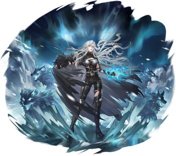 1girl absurdres agata_(sword_of_convallaria) armor black_boots black_cloak black_pants boobplate boots border breastplate breasts cleavage cleavage_cutout cloak clothing_cutout corset ear_piercing fading_border fingerless_gloves fur-trimmed_cloak fur_trim game_cg gloves green_eyes highres long_hair messy_hair non-web_source official_art pants pauldrons piercing shirt shoulder_armor single_pauldron solo sword_of_convallaria torn_cloak torn_clothes torn_shirt transparent_border white_hair wolf