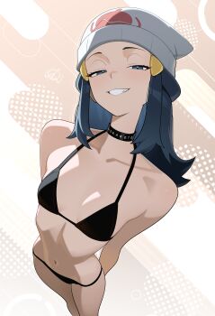 1girl absurdres arms_behind_back artist_name beanie bikini black_bikini black_choker blue_eyes blue_hair breasts choker collarbone dawn_(pokemon) grin hat highres hip_bones navel nintendo otokakoto pokemon pokemon_dppt small_breasts smile solo standing stomach swimsuit white_hat