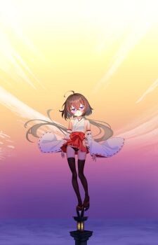 1girl absurdres ahoge bare_shoulders black_panties black_thighhighs blush breasts brown_hair clothes_lift commentary_request detached_sleeves full_body hair_between_eyes hakama hakama_short_skirt hakama_skirt happy_new_year highres japanese_clothes kimono long_hair long_sleeves looking_at_viewer maretto miko new_year open_mouth original panties platform_sandals purple_eyes red_hakama ribbon-trimmed_sleeves ribbon_trim sandals side-tie_panties skirt skirt_lift small_breasts smile solo textless_version thighhighs translation_request underwear very_long_hair white_kimono wide_sleeves wind wind_lift