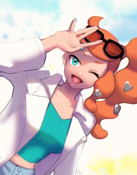 1girl aqua_eyes aqua_shirt black-framed_eyewear breasts collarbone cscbrrr eyewear_on_head hair_ornament hand_up heart heart_hair_ornament highres lab_coat medium_breasts nintendo one_eye_closed open_mouth orange-tinted_eyewear orange_hair pokemon pokemon_swsh ribbed_shirt shirt side_ponytail side_ponytail_with_hair_base smile solo sonia_(pokemon) sunglasses swept_bangs tinted_eyewear v-neck