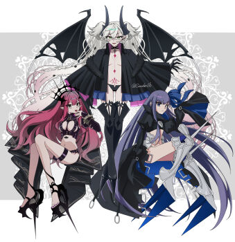 3girls absurdres armored_boots baobhan_sith_(fate) baobhan_sith_(second_ascension)_(fate) bare_shoulders black_cloak black_hands black_jacket black_panties black_thighhighs blue_eyes blue_ribbon blush body_markings boots bracelet breasts bridal_gauntlets choker cloak colored_extremities commentary_request cropped_jacket crossed_bangs demon_girl demon_horns demon_wings detached_sleeves ear_piercing earrings fate/grand_order fate_(series) full_body green_eyes grey_eyes grey_hair hair_between_eyes hair_ribbon high_heels highres horns jacket jewelry large_breasts lilith_(fate) lilith_(second_ascension)_(fate) long_hair long_sleeves looking_at_viewer medium_breasts meltryllis_(fate) multiple_girls navel open_mouth panties piercing pink_hair pointy_ears prosthesis prosthetic_leg purple_hair revealing_clothes ribbon sidelocks sleeves_past_fingers sleeves_past_wrists small_breasts smile spiked_bracelet spikes stomach_tattoo tattoo thigh_strap thighhighs tiara tokumori_ramen twintails underwear veil very_long_hair wings