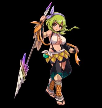 1girl bare_shoulders bikini bikini_top_only black_background black_gloves blush braid breasts brown_eyes cleavage closed_mouth elbow_gloves fingerless_gloves full_body gloves green_hair hairband halterneck hand_up highres holding holding_polearm holding_weapon knee_guards large_breasts low_twin_braids merc_storia merc_storia_art_team minmi_(merc_storia) navel official_art orange_ribbon polearm purple_ribbon ribbon sandals sash shin_guards simple_background smile solo standing swimsuit tachi-e twin_braids weapon white_sash