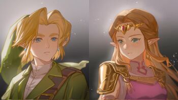 1boy 1girl aqua_eyes armor blonde_hair blue_eyes breasts circlet commentary earrings green_headwear green_tunic hat highres jewelry link nintendo orange_hair pointy_ears princess_zelda shoulder_armor small_breasts split_screen the_legend_of_zelda the_legend_of_zelda:_ocarina_of_time triforce tunic yun_(dl2n5c7kbh8ihcx)
