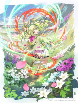 Rule 34 | 1girl, boots, copyright notice, domeki kisara, energy ring, floating hair, flower, green hair, green jacket, hair flower, hair ornament, highres, hood, hooded jacket, jacket, kouka (mrakano5456), looking back, meadow, official art, open mouth, outdoors, pink flower, pink petals, skirt, solo, standing, standing on one leg, twintails, white boots, white flower, yellow eyes, z/x