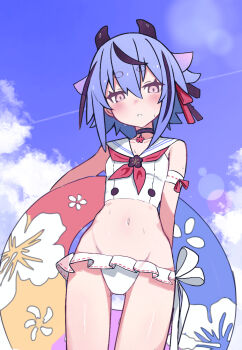 Rule 34 | 1other, adapted costume, alternate costume, bikini, black choker, black horns, blue hair, blue sky, blush, brooch, buttons, choker, cloud, cloudy sky, commentary, contrail, cowboy shot, flat chest, frilled bikini, frills, from below, hair flaps, highres, holding, holding swim ring, horns, innertube, jewelry, lens flare, meika mikoto, midriff, navel, necktie, parted lips, pendant choker, pink eyes, print innertube, red necktie, ribbon-trimmed armband, ribbon-trimmed bikini, ribbon-trimmed choker, ribbon trim, sailor bikini, sailor collar, sidelocks, sky, solo, sukenoota, sweat, swim ring, swimsuit, vocaloid, white bikini, white sailor collar