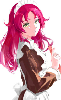 Rule 34 | 1girl, absurdres, aisha greyrat, apron, black dress, closed mouth, commentary request, dress, from side, green eyes, highres, long hair, looking at viewer, maid, maid apron, maid headdress, mushoku tensei, red hair, ronuma, smile, solo