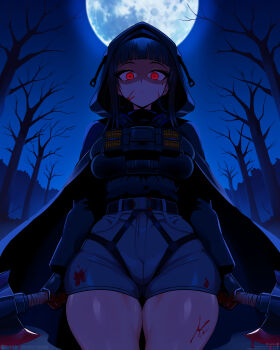 1girl absurdres axe bare_tree black_gloves black_hair black_shirt blood blood_on_clothes blood_on_face blood_on_leg bloody_weapon blunt_bangs d_(nikke) empty_eyes full_moon gloves glowing glowing_eyes goddess_of_victory:_nikke grey_shorts hatchet_(axe) high-waist_shorts highres holding holding_weapon holster hood hooded_jacket jacket kogeikun long_coat looking_at_viewer moon night night_sky outdoors red_eyes shaded_face shirt shorts sky tactical_clothes tree weapon