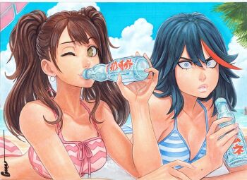 artist_name ass beach beach_umbrella bikini black_hair blue_bikini blue_eyes blue_sky bottle breasts brown_hair cleavage cloud cloudy_sky crossover drinking earrings holding holding_bottle jewelry kill_la_kill kujikawa_rise lips long_hair lying matoi_ryuuko medium_breasts medium_hair multicolored_hair non-web_source omar_dogan on_stomach one_eye_closed palm_tree persona persona_4 pink_bikini sand sky streaked_hair striped_bikini striped_clothes surprised swimsuit tree twintails two-tone_hair umbrella water yellow_eyes
