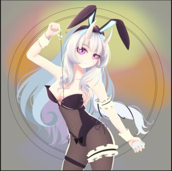 1girl anastasia_white animal_print black_bow bow breasts cleavage color_background egg horns large_breasts long_hair looking_at_viewer pantyhose pink_eyes playboy_bunny rabbit rabbit_ears rabbit_print rabbit_tail sedai_one smile solo sr_leo_ string thigh_strap virtual_youtuber white_hair white_horns wrist_cuffs