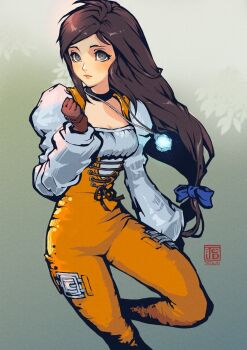 Rule 34 | 1girl, black choker, blue bow, bodysuit, bow, breasts, brown hair, choker, cleavage, closed mouth, commentary, cowboy shot, crystal, dated, english commentary, final fantasy, final fantasy ix, fumezu1, garnet til alexandros xvii, gloves, grey background, grey eyes, hair bow, highres, jewelry, juliet sleeves, long hair, long sleeves, low-tied long hair, medium breasts, orange bodysuit, pendant, puffy sleeves, red gloves, shirt, signature, solo, swept bangs, thigh strap, white shirt