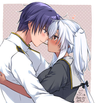 1boy 1girl admiral_(kancolle) blue_hair brown_eyes couple dark-skinned_female dark_skin dated food glasses grey_background grey_shirt highres hug kantai_collection mashiro_yukiya military_uniform musashi_(kancolle) musashi_kai_ni_(kancolle) naval_uniform pocky pocky_kiss polka_dot polka_dot_background sailor_collar shared_food shirt short_hair signature twintails upper_body white_hair white_sailor_collar