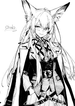 1girl :d absurdres animal_ear_fluff animal_ears arknights artist_name belt belt_buckle blazer braid buckle chinese_commentary coat coat_on_shoulders collared_shirt commentary_request facial_scar greyscale hair_between_eyes hand_in_pocket hatching_(texture) highres jacket lapels linear_hatching long_hair long_sleeves looking_at_viewer monochrome necktie open_mouth scar scar_on_cheek scar_on_face shako_xc shirt signature simple_background smile solo tassel vest vulpisfoglia_(arknights) white_background