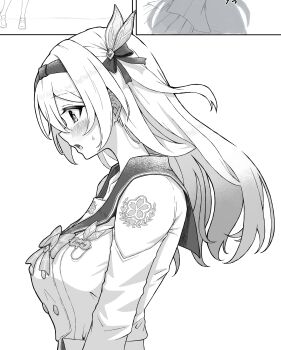 1girl absurdres black_hairband black_ribbon black_sailor_collar blush bow bowtie buttons collared_shirt double-breasted firefly_(honkai:_star_rail) firefly_(spring_missive)_(honkai:_star_rail) greyscale hair_between_eyes hair_intakes hair_ornament hairband highres honkai:_star_rail honkai_(series) long_hair monochrome open_mouth ribbon sailor_collar shirt simple_background solo sweatdrop taro_(peach_taro51) white_background