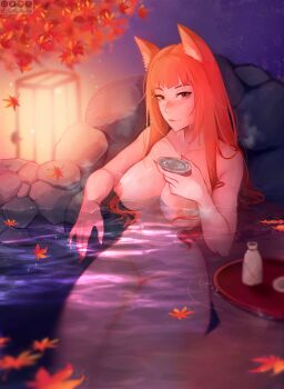 1girl absurdres alcohol alternate_breast_size animal_ears belkaderry blunt_bangs blush breasts closed_mouth collarbone completely_nude eyelashes highres holo large_breasts leaf long_hair looking_at_viewer navel night night_sky nipples nude onsen orange_hair red_eyes sake sky solo solo_focus spice_and_wolf thick_thighs thighs water wide_hips wolf_ears wolf_girl