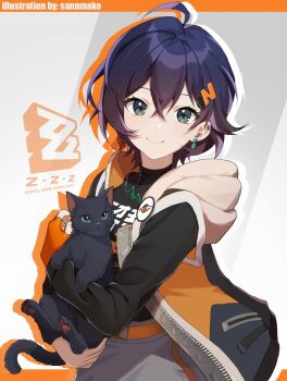 1girl animal aqua_eyes belle_(zenless_zone_zero) black_fur black_hair black_shirt breasts cat closed_mouth earrings grey_skirt hair_between_eyes hair_ornament highres holding holding_animal holding_cat jacket jewelry letter_hair_ornament long_sleeves multicolored_jacket sannmako shirt short_hair simple_background skirt solo zenless_zone_zero