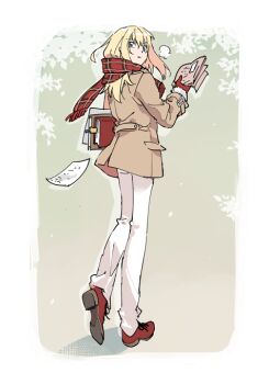 1boy aged_down bishounen blonde_hair blue_eyes book border breath brown_jacket carrying carrying_under_arm closed_mouth commentary enpera falling_paper fate/grand_order fate_(series) from_behind full_body fur-trimmed_gloves fur_trim gloves hair_between_eyes holding holding_newspaper jacket kirschtaria_wodime long_hair long_legs long_sleeves looking_back m-tobiei male_focus newspaper pants paper plaid_clothes plaid_scarf red_gloves red_scarf red_shoes scarf shoes solo standing white_border white_pants