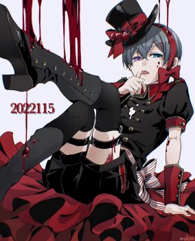 1boy artist_name bishounen black_boots black_thighhighs blood blood_on_face blue_hair boots bow buttoned_cuffs buttons ciel_phantomhive commentary crossed_legs dated hair_between_eyes hat heterochromia highres kuroshitsuji legwear_garter licking licking_finger male_focus nail_polish puffy_sleeves reclining red_bow red_nails short_hair shorts solo thighhighs tongue tongue_out top_hat white_background wrist_cuffs yu_ki_koo