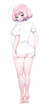 1girl absurdres ahoge aqua_hair ass barefoot blush bob_cut breasts colored_inner_hair earrings grabbing_own_ass highres idolmaster idolmaster_cinderella_girls idolmaster_cinderella_girls_starlight_stage jewelry large_breasts looking_at_viewer multicolored_hair no_pants p00nipooni pill_earrings pink_eyes pink_hair see-through_clothes shirt single_bare_shoulder solo sweatdrop t-shirt two-tone_hair white_shirt yumemi_riamu