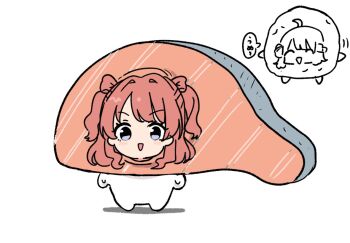 2girls :&gt; ahoge blue_eyes blush brown_hair chibi closed_mouth commentary_request fish_(food) food gakuen_idolmaster hair_bun hanami_saki hanami_ume idolmaster kawamochi_(kawauti919) motion_lines multiple_girls parted_lips sashimi siblings single_side_bun sisters smile translation_request triangle_mouth two_side_up