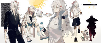 alternate_costume black_shorts bottle chibi chibi_inset hair_over_one_eye high_ponytail highres holding honkai:_star_rail honkai_(series) jing_yuan long_hair male_focus mississipping multiple_views pants ponytail red_ribbon ribbon running short_sleeves shorts sitting sparkle sun sweat towel towel_around_neck water_bottle wiping_sweat