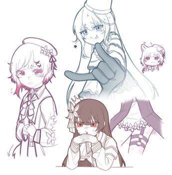 Rule 34 | 3girls, :<, :p, \m/, bai weizi lingzi, beret, blood, chibi, closed mouth, commentary request, dress, female pervert, gloves, hair ornament, hands up, hat, highres, long hair, long sleeves, looking at viewer, mahou shoujo no majo saiban, multicolored hair, multiple girls, multiple views, nikaido hiro, nosebleed, o-ring, o-ring thigh strap, open mouth, own hands together, pervert, pink hair, sakuraba ema, short hair, simple background, smile, spoilers, star (symbol), tearing up, thigh strap, tongue, tongue out, tsukishiro yuki, upper body, white background, x hair ornament