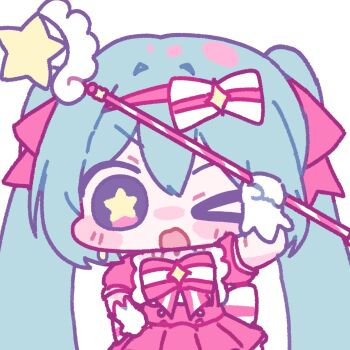 Rule 34 | > o, 1girl, back bow, blue hair, blush stickers, bow, bow hairband, bowtie, chibi, chibi only, double-parted bangs, dress, gloves, hair between eyes, hair ribbon, hairband, hatsune miku, highres, holding, holding wand, ima sugu rinne (vocaloid), long hair, looking at viewer, magical girl, miratsu (miratsu169), one eye closed, open mouth, pink bow, pink bowtie, pink dress, pink eyes, pink hairband, pink ribbon, ribbon, short sleeves, simple background, solo, star-shaped pupils, star (symbol), striped bow, striped bowtie, striped clothes, symbol-shaped pupils, twintails, upper body, vocaloid, wand, white background, white bow, white gloves