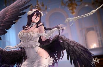 1girl absurdres albedo_(overlord) artist_name badkrol bare_shoulders black_feathers black_wings blurry blurry_background breasts cleavage clothing_cutout commentary_request cowboy_shot demon_girl demon_horns feathered_wings feathers gloves hair_between_eyes highres hip_vent horns indoors large_breasts lips long_hair long_hair_between_eyes low_wings mixed-language_commentary nose overlord_(maruyama) purple_hair signature solo very_long_hair white_gloves white_horns wings yellow_eyes