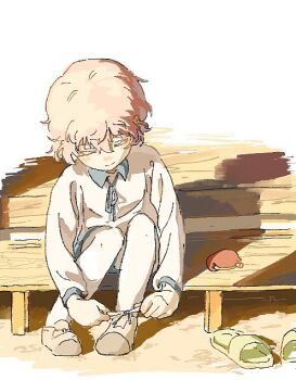 1boy blonde_hair blue_shorts brown_shoes closed_eyes closed_mouth collared_shirt full_body green_sandals hair_between_eyes long_sleeves male_focus original sandals shirt shoes short_hair shorts sitting solo tying_footwear unworn_sandals white_background white_shirt yutate