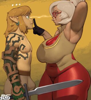 ... 1boy 1girl absurdres arm_up armpits blonde_hair breasts bulge erection erection_under_clothes from_side height_difference highres imminent_penetration large_breasts link looking_at_another namespace nintendo purah sword the_legend_of_zelda the_legend_of_zelda:_tears_of_the_kingdom weapon white_hair