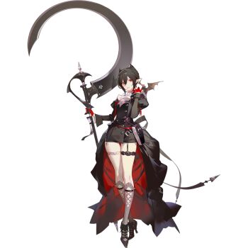 1girl animal arknights ask_(askzy) bat_(animal) black_hair black_shorts black_tailcoat black_theme crossed_ankles entelechia_(arknights) formal_clothes full_body garter_straps gloves grey_socks hair_horns holding holding_scythe holding_weapon kneehighs long_sleeves micro_shorts official_art pointy_ears red_eyes red_gloves red_lips scythe shin_strap shorts simple_background single_garter_strap socks solo standing tachi-e tailcoat thigh_strap third-party_source transparent_background two-sided_tailcoat weapon