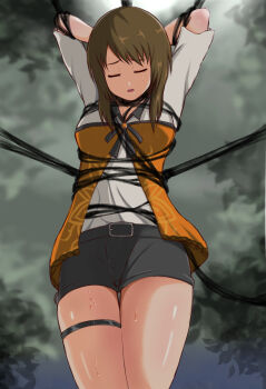 1girl arms_behind_head bdsm belt black_ribbon bondage bound bound_arms brown_hair fatal_frame fatal_frame:_maiden_of_black_water gem highres kozukata_yuuri leaf restrained ribbon shirt short_shorts shorts solo sweat thigh_strap thighs tokiburo white_shirt