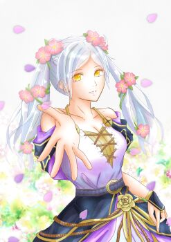 1girl arm_at_side bare_arms bare_shoulders bracelet breasts capelet cleavage collarbone dress eyelashes falling_petals female_focus female_robin_(fire_emblem) female_robin_(valentine)_(fire_emblem) field fingerless_gloves fingernails fire_emblem fire_emblem_awakening fire_emblem_heroes flower flower_bracelet flower_field gloves hair_flower hair_ornament halterneck happy highres intelligent_systems long_dress long_hair looking_at_viewer medium_breasts moverabbit0305 neck nintendo off_shoulder official_alternate_costume outstretched_hand parted_lips petals reaching reaching_towards_viewer rope_belt sidelocks sleeveless sleeveless_dress smile spaghetti_strap standing swept_bangs twintails upper_body white_hair yellow_eyes