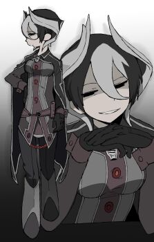 1girl allsu_official black_coat black_eyes black_gloves black_hair coat empty_eyes gloves gradient_background grey_hair hair_horns hashtag-only_commentary highres made_in_abyss multicolored_hair multiple_views ozen short_hair simple_background streaked_hair