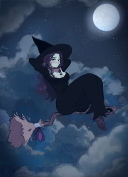 1girl arms_behind_back black_dress black_hat broom broom_riding cloud commentary dress english_commentary full_body full_moon hat hexia_(miaormoa) highres long_hair miaormoa moon night original sky solo star_(sky) starry_sky witch witch_hat