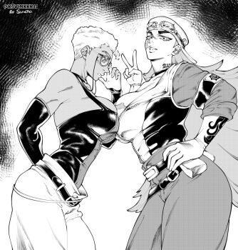 2girls blurry breasts cleavage depth_of_field gachiakuta glasses goggles goggles_on_head high_contrast large_breasts long_hair looking_at_viewer mildretta monochrome multiple_girls peace_symbol semiu_grier short_hair sleeveles smirk tight_clothes undercut upper_body