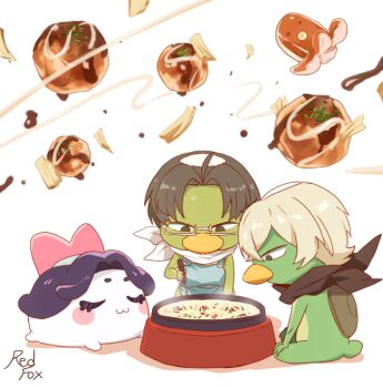 akutsu_mabu apron azuma_sara bandana bandana_around_neck black_hair blue_apron commentary food food_art food_request glasses grey_hair kappa korean_commentary niiboshi_reo no_humans purple_hair rectangular_eyewear redfox sarazanmai short_hair signature tako-san_wiener white_background