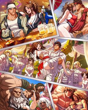5girls 5koma 6+boys absurdres akuma_(street_fighter) alternate_costume andy_bogard baby bandaged_arm bandages bandana beard bed bed_sheet beer_mug black_hair blonde_hair blush breast_press breasts brown_hair bucket capcom carrying character_request cherry_blossoms chun-li cleavage_cutout clothing_cutout comic crossed_arms crossover cup dark-skinned_female dark_skin day dress elena_(street_fighter) embarrassed facial_hair fatal_fury father_and_son fingerless_gloves flower food gloves glowing glowing_eyes grass guile hair_bun han_juri high_heels highres jacket ken_masters kiss large_breasts leather leather_jacket long_hair mother_and_son mug multiple_boys multiple_girls muscular muscular_male official_alternate_costume photo_(medium) pillow plant red_eyes rope ryu_(street_fighter) shiranui_mai short_hair sleeping smile street_fighter street_fighter_6 table terry_bogard tree vlizzyvlizz117 wedding_dress white_hair