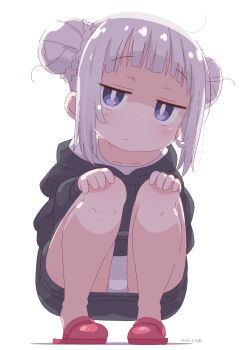 1girl black_hoodie blush closed_mouth dated double_bun drawstring expressionless hair_bun hands_on_own_knees highres hood hood_down hoodie long_sleeves loose_hair_strand original panties pantyshot petite pink_slippers purple_eyes samansa_ex shirt signature simple_background slippers solo squatting tabasa_(samansa_ex) underwear white_background white_panties white_shirt
