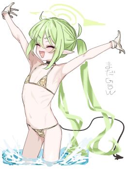 armpits bikini blue_archive flat_chest gold_bikini green_hair halo loli long_hair long_pointy_ears navel nozomi_(blue_archive) pointy_ears ribs samesann simple_background swimsuit twintails white_background