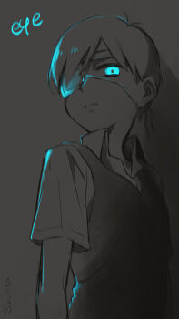 Rule 34 | 1boy, absurdres, antenna hair, artist name, closed mouth, collared shirt, double-parted bangs, english text, eyepatch, greyscale, hair between eyes, highres, looking at viewer, male focus, monochrome, omori, shioya (shioya omo), shirt, short hair, short sleeves, solo, spot color, sunny (omori), sweater vest, upper body