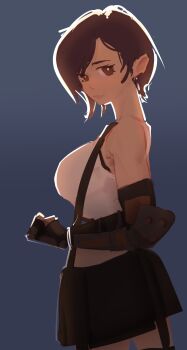 1girl alternate_hair_length alternate_hairstyle arm_armor black_skirt blue_background boogiedraws breasts bright_pupils brown_eyes brown_hair closed_mouth commentary cowboy_shot earrings english_commentary eyelashes final_fantasy final_fantasy_vii highres jewelry shirt short_hair simple_background skirt solo tifa_lockhart white_pupils white_shirt