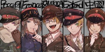 5boys america_(hetalia) axis_powers_hetalia black-framed_eyewear black_border black_gloves black_hat blonde_hair blue_eyes border breast_pocket brown_gloves brown_hair brown_hat brown_jacket buttons character_name china_(hetalia) clenched_hand closed_mouth collared_jacket collared_shirt commentary_request facial_hair france_(hetalia) glasses gloves green_eyes green_hat green_jacket grey_background grey_hair hand_on_own_chin hand_up hat highres index_finger_raised jacket long_hair long_sleeves looking_at_viewer low_ponytail male_focus mandarin_collar military military_hat military_jacket military_uniform multiple_boys necktie open_mouth orange_eyes pocket ponytail purple_eyes purple_jacket russia_(hetalia) scarf semi-rimless_eyewear shiba_sho12 shirt short_hair simple_background smile sparkle teeth tongue united_kingdom_(hetalia) v-shaped_eyebrows visor_cap white_gloves white_necktie white_scarf white_shirt wing_collar yellow_necktie