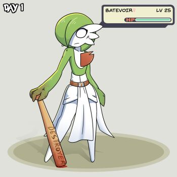 1girl arm_at_side baseball_bat belt blank_eyes blood blood_on_hands bloody_weapon bob_cut bruhmynameisdylan character_name closed_mouth collarbone colored_skin crack english_text expressionless female_focus flat_chest full_body gardevoir gen_3_pokemon green_hair green_skin grey_background hair_over_one_eye hand_on_hilt health_bar highres holding holding_baseball_bat multicolored_skin nintendo no_feet one_eye_covered pokemon pokemon_(creature) scratches short_hair solo standing two-tone_skin venus_symbol weapon white_eyes white_skin