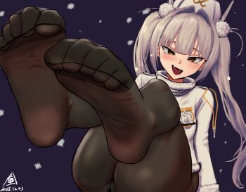 1girl blanc_(nikke) blush feet feet_up goddess_of_victory:_nikke highres long_hair looking_at_viewer open_mouth panties panties_under_pantyhose pantyhose pantyshot pencilcastle soles toes twintails underwear white_hair yellow_eyes