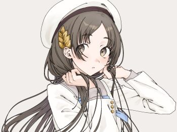 1girl beret blue_ribbon brown_eyes brown_hair collared_shirt dress_shirt gakuen_idolmaster grabbing_own_hair hair_ornament hands_up hat hatsuboshi_gakuen_school_uniform highres holding holding_own_hair idolmaster kuramoto_china leaf_hair_ornament long_hair looking_at_viewer ne_mu_ko05 neck_ribbon parted_bangs parted_lips ribbon school_uniform shirt simple_background solo upper_body white_hat white_shirt